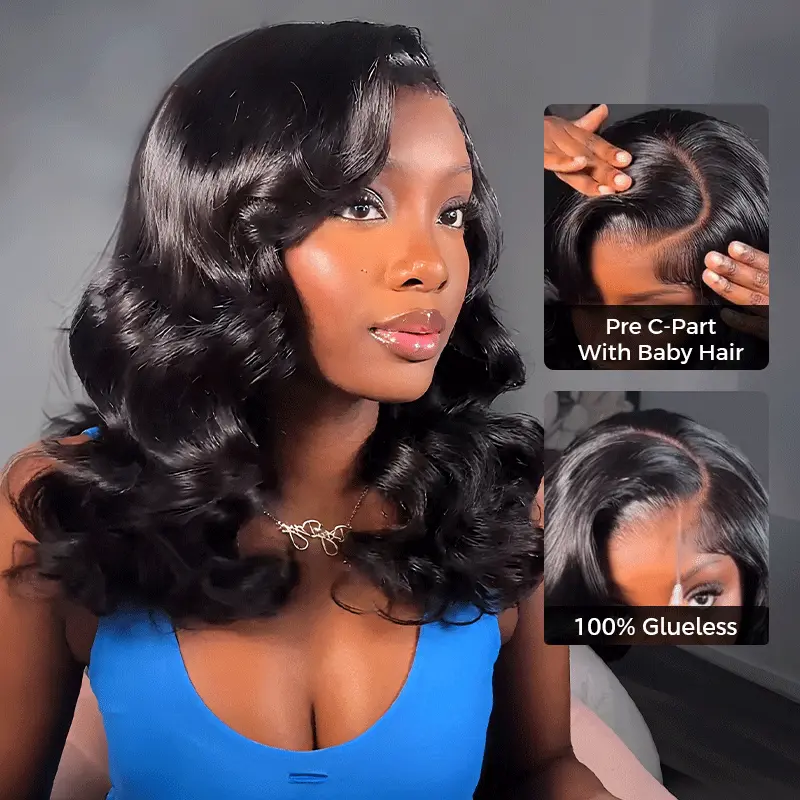 Loose Body Wave Layer Cut C-Side Part Human Hair Wig With Baby Hair Pull Go Glueless