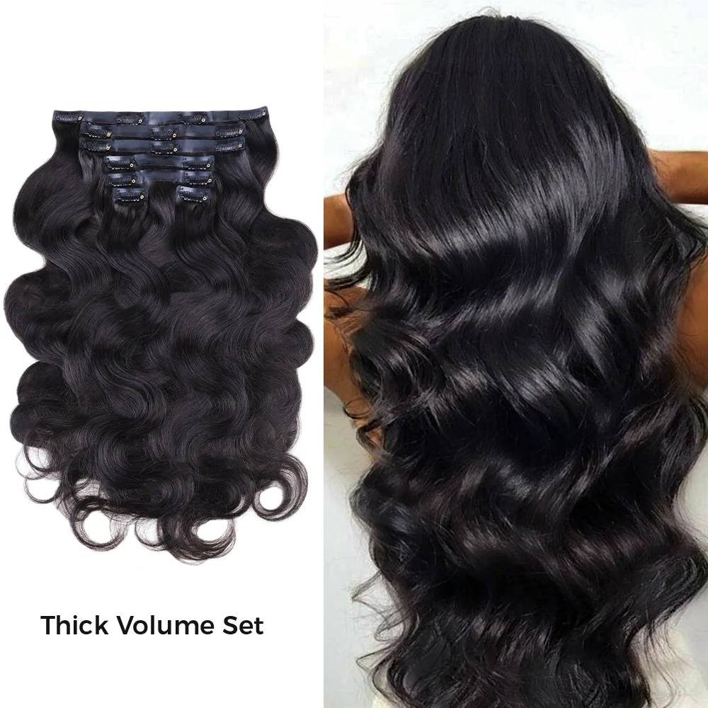 Onime Upgraded Seamless Clip in Hair Extensions Super Flat Body Wave Human Hair