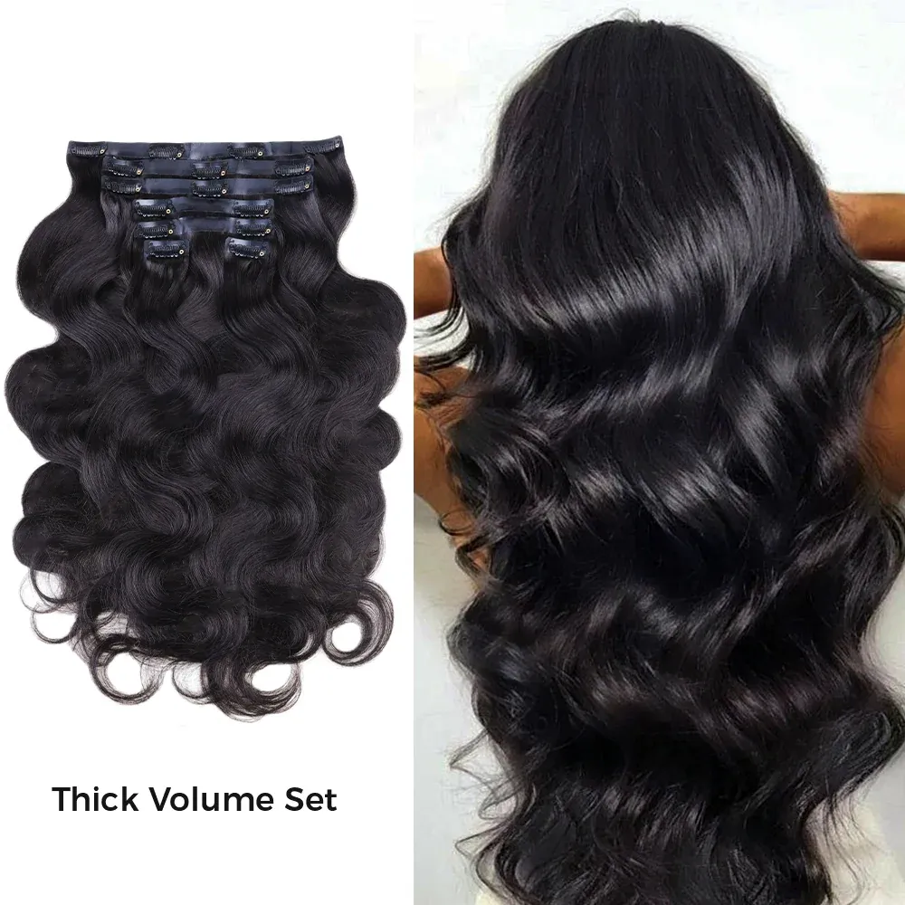 Onime Upgraded Seamless Clip in Hair Extensions Super Flat Body Wave Human Hair