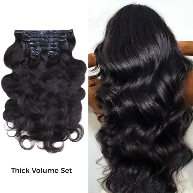 Onime Upgraded Seamless Clip in Hair Extensions Super Flat Body Wave Human Hair