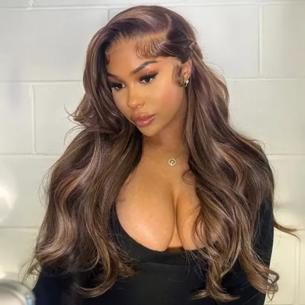 Ombre Brown Highlight Human Hair Pull Go Drawsting 6×5 Lace Glueless Wig With Blonde Color