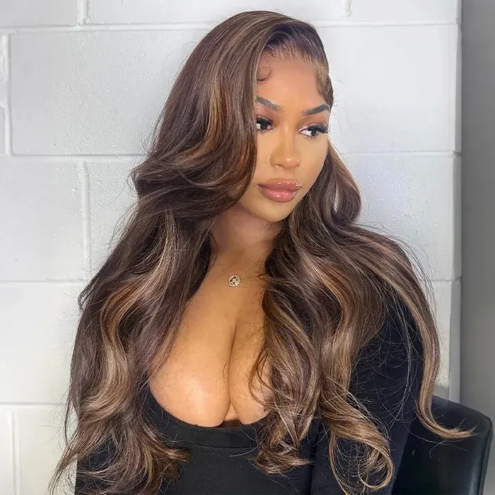 Ombre Brown Highlight Human Hair Pull Go Drawsting 6×5 Lace Glueless Wig With Blonde Color