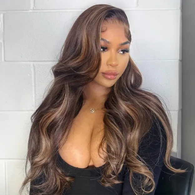 Ombre Brown Highlight Human Hair Pull Go Drawsting 6×5 Lace Glueless Wig With Blonde Color