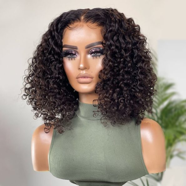 Natural Curly Glueless Wig Short Bouncy Deep Curly HD Lace Wig Pre Bleached & Plucked 180% Density