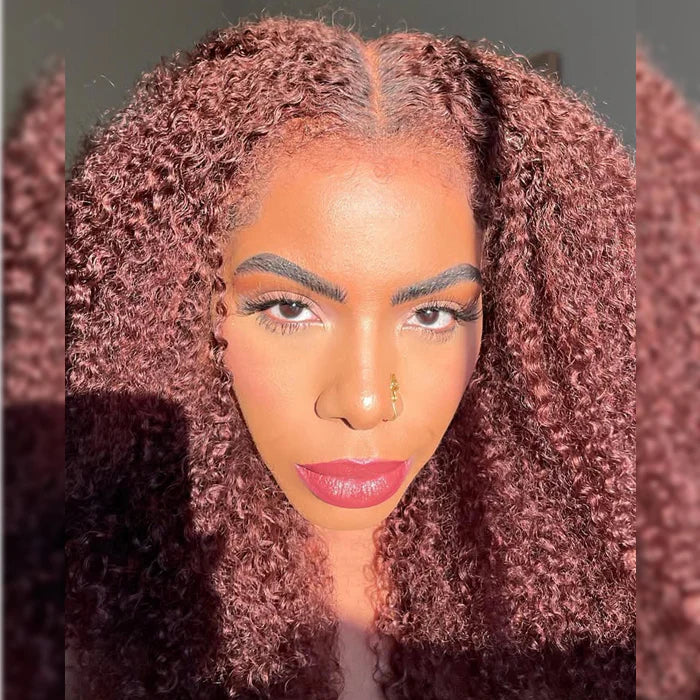 Reddish-brown 4C edges curly wig by Onime Hair with natural hairline and 220% density, human hair, glueless style.