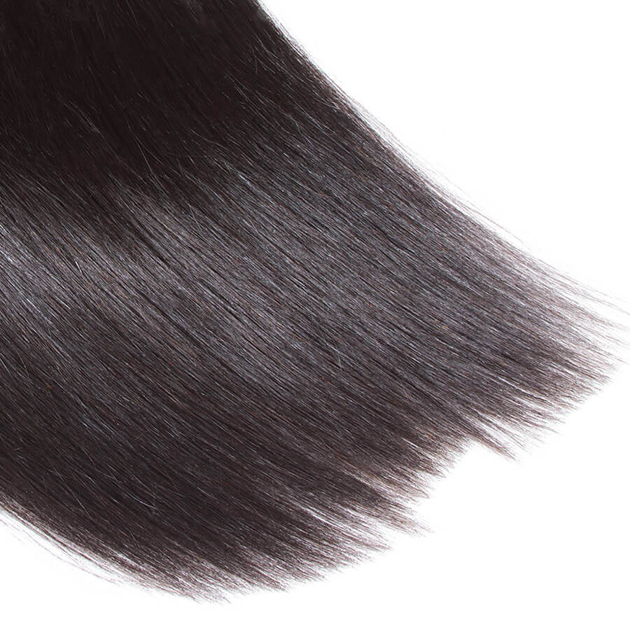 Three bundles of onimehair Peruvian straight virgin human hair with a 4x4 closure, showcasing soft, unprocessed straight hair extensions.