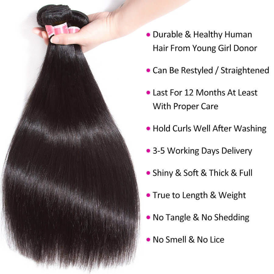 Three bundles of onimehair Peruvian straight virgin human hair with a 4x4 lace closure, showcasing soft, unprocessed hair.