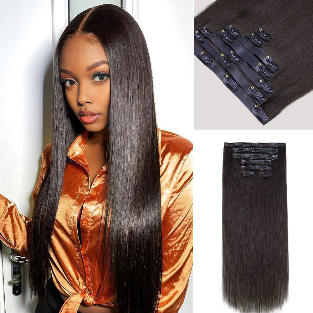 Onime Seamless Clip in Hair Extensions Super Flat Silky Straight #2 Dark Brown Real Human Hair