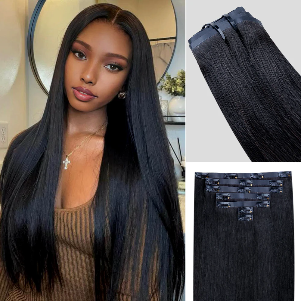 Onime Seamless Clip in Hair Extensions Super Flat Silky Straight #1 Jet Black Real Human Hair