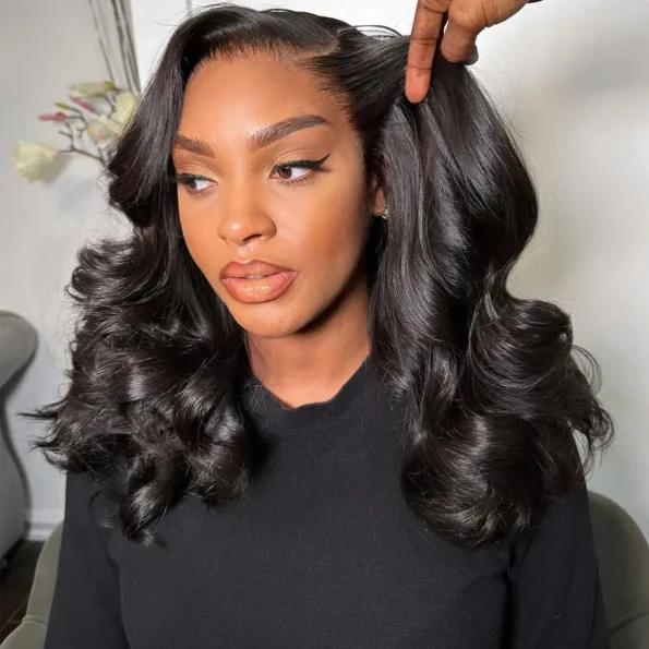 Loose Body Wave Layer Cut C-Side Part Human Hair Wig With Baby Hair Pull Go Glueless