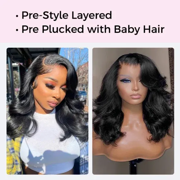 Loose Body Wave Layer Cut C-Side Part Human Hair Wig With Baby Hair Pull Go Glueless