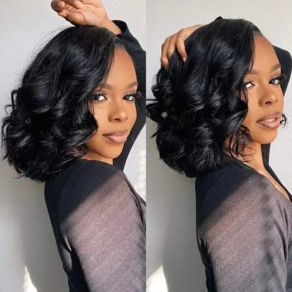 Pre Bleached Knots Short Loose Body 5×5 HD Lace Glueless Bob Wig Layer Wavy Wave Human Hair - Onime Hair