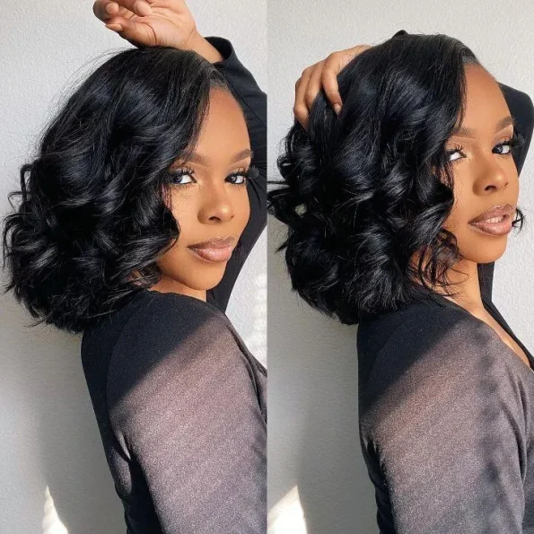 Pre Bleached Knots Short Loose Body 6×5 HD Lace Glueless Bob Wig Layer Wavy Wave Human Hair