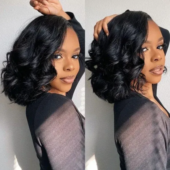 Pre Bleached Knots Short Loose Body 6×5 HD Lace Glueless Bob Wig Layer Wavy Wave Human Hair