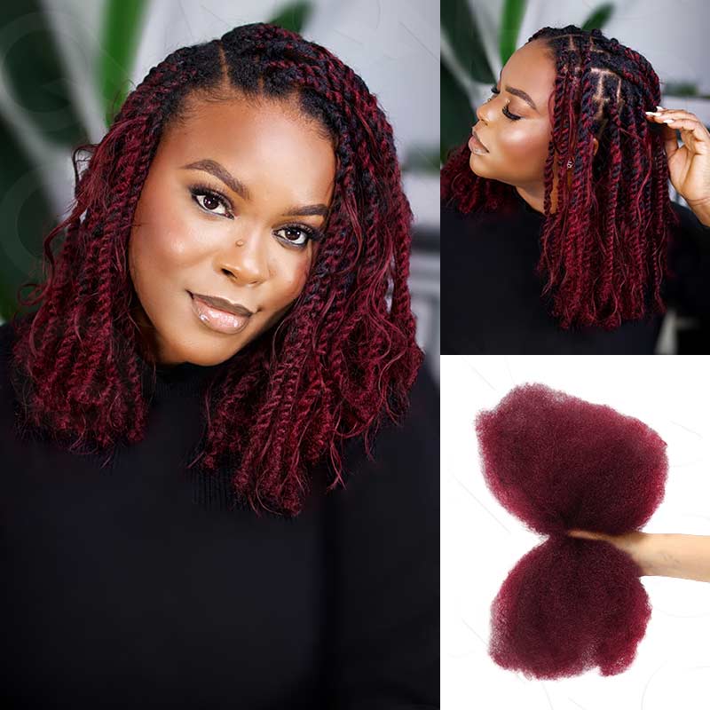 Onimehair™  Burgundy #99J Color Afro Kinky Bulk Human Hair For Braiding Dreadlock Hair - Onime Hair