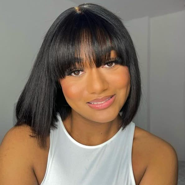 Glueless Short Bob Straight Hair Wig with Bangs 5×5 HD Lace 180% Density - Onime Hair