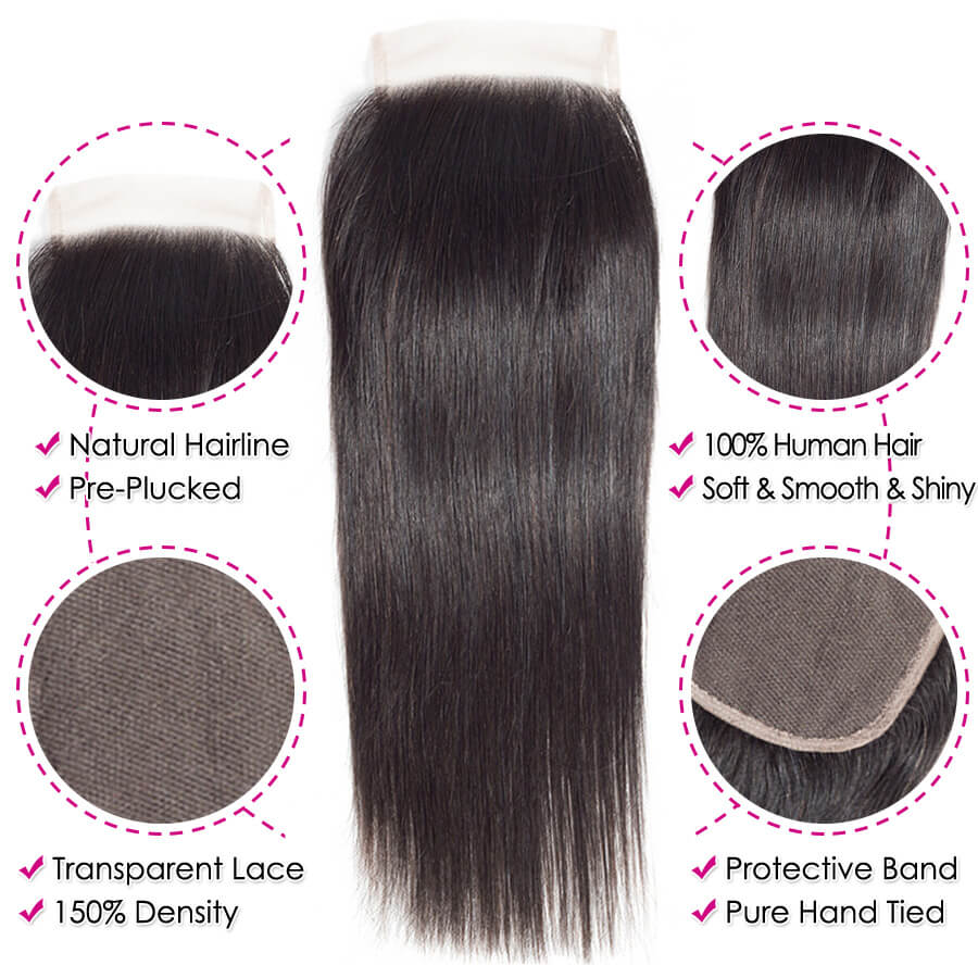 Close-up of transparent lace closure on onimehair Peruvian straight hair 3-bundle set, showcasing soft, unprocessed virgin human hair details.