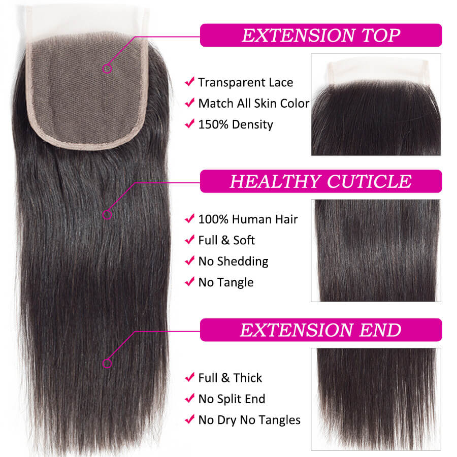 Three bundles of onimehair Peruvian straight virgin human hair with a 4x4 lace closure, showcasing soft, unprocessed hair.