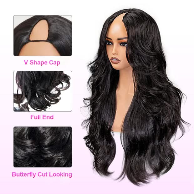 Pre Styled Butterfly Cut Layered Yaki Body V Part Human Hair Wigs With Drawstring 250% Density - Onime Hair