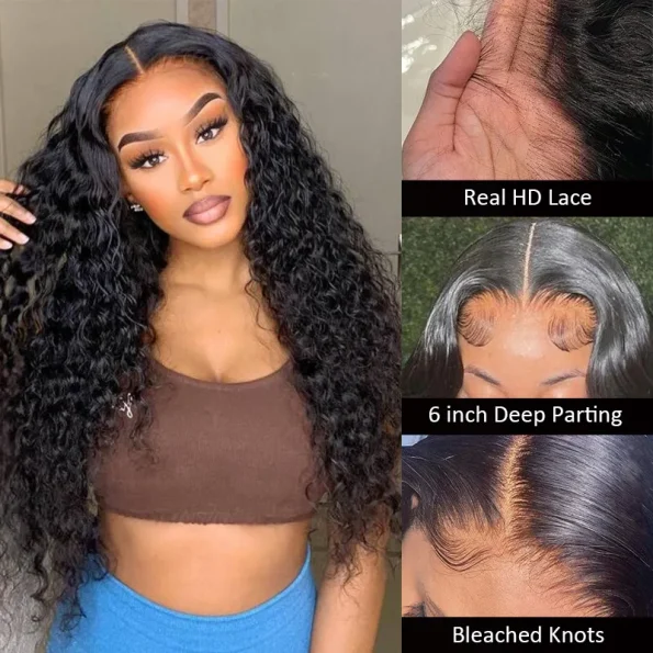 13×6 Full Frontal HD Lace Water Wave Drawstring Glueless Human Hair Wig Pre Everything