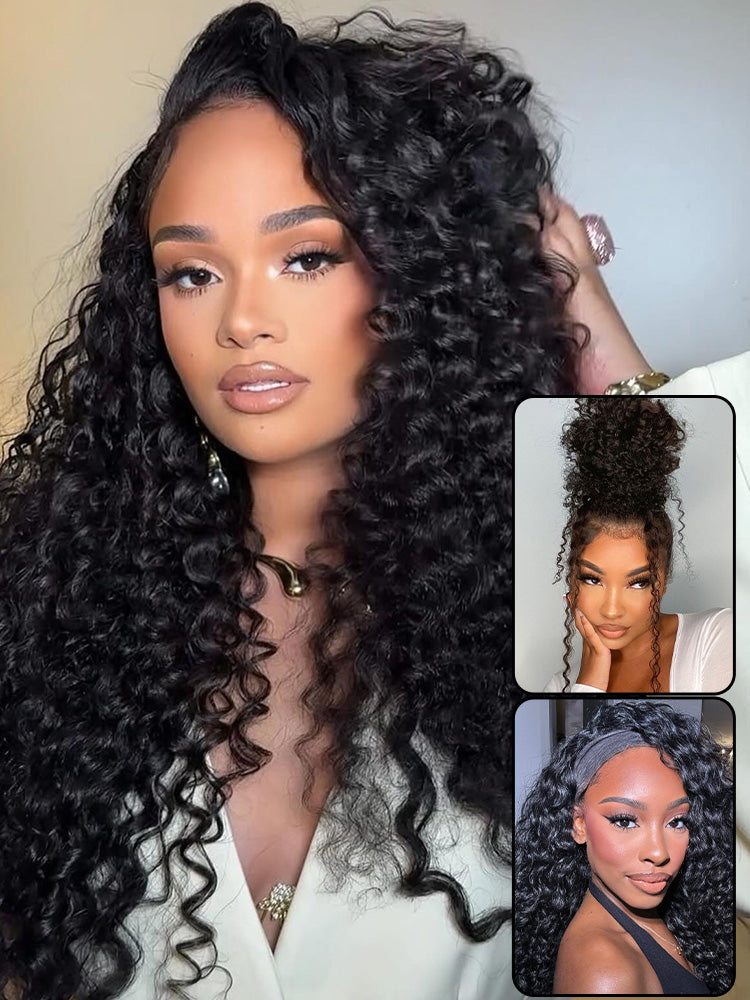 onimehair™ 3 In 1 Half Wig Water Wave Glueless Install Half Wig With Adjustable String Beginner Friendly 250%Density