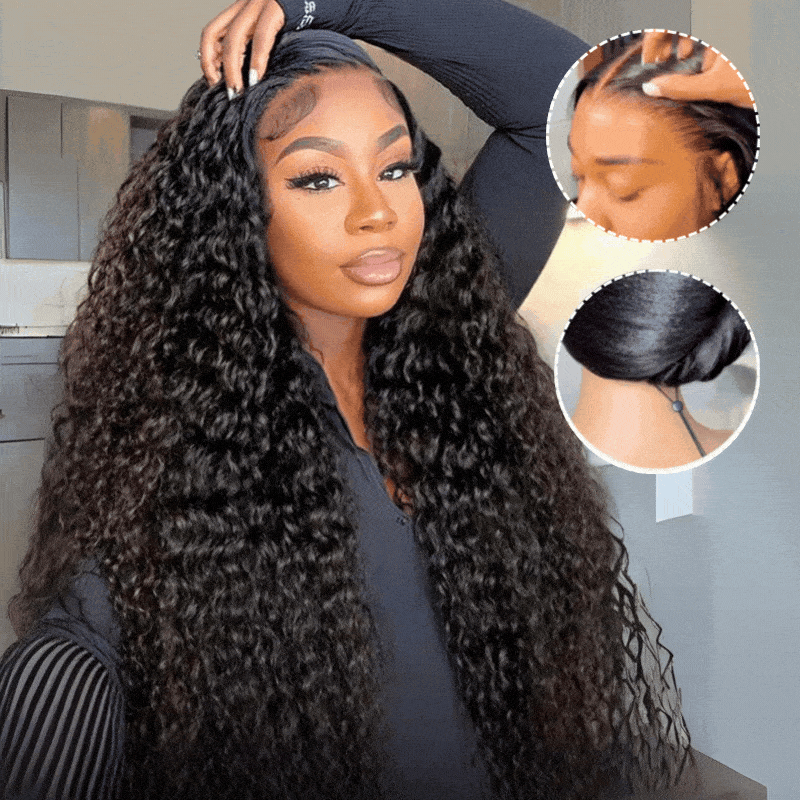 Onimehair™Glueless Water Wave 7x5 / 13x4 Transparent HD Lace Pull and Go Invisible Drawstring Human Hair Wigs