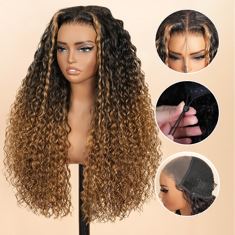 Onimehair™Glueless Water Wave 7x5 / 13x4 Transparent HD Lace Pull and Go Invisible Drawstring Human Hair Wigs