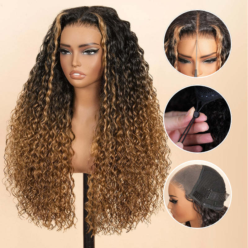 Onimehair™Glueless Water Wave 7x5 / 13x4 Transparent HD Lace Pull and Go Invisible Drawstring Human Hair Wigs