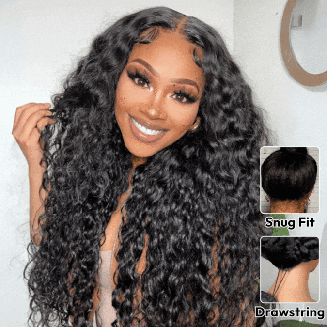 Onimehair™Glueless Water Wave 7x5 / 13x4 Transparent HD Lace Pull and Go Invisible Drawstring Human Hair Wigs