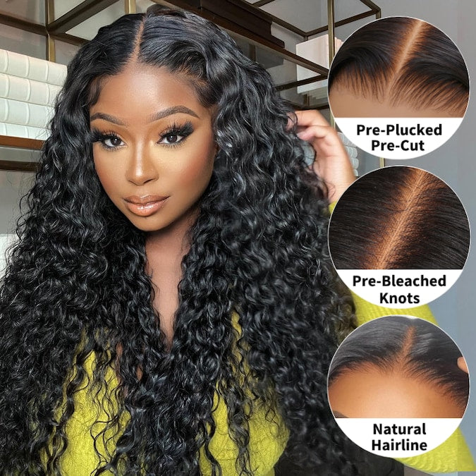 Onimehair™Glueless Water Wave 7x5 / 13x4 Transparent HD Lace Pull and Go Invisible Drawstring Human Hair Wigs