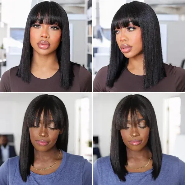 Realistic Yaki Straight Bob with Bangs Minimalist Lace Wig Wear Go Glueless Black/Brown Highlight