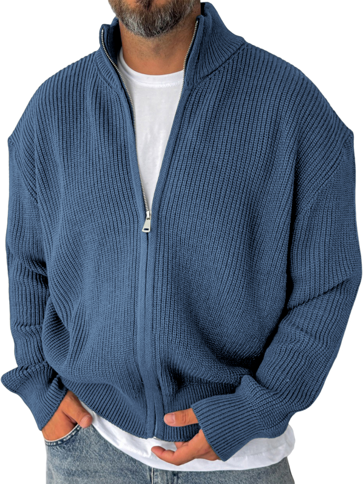 Herren Einfacher Reißverschluss Warmer Pullover Strukturierte Strickja