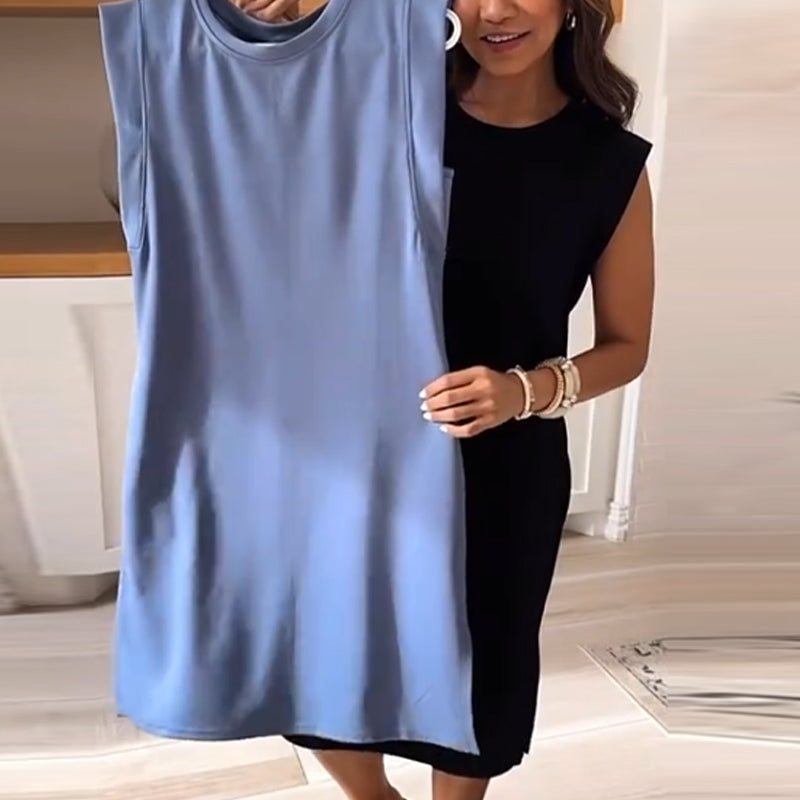 Rundhalsad Löst Delat Midi Klänning med Fickor för Kvinnor