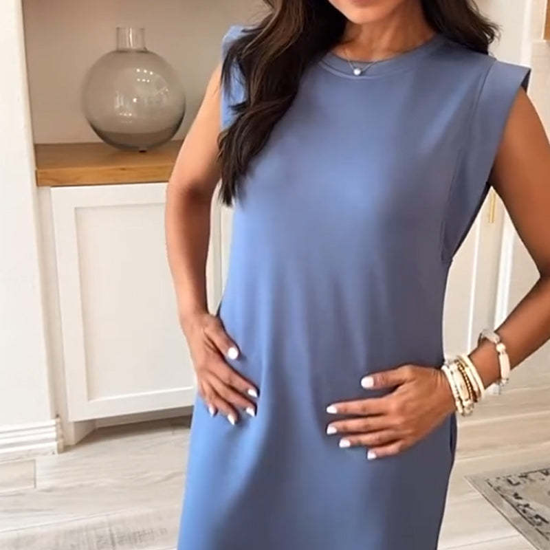 Rundhalsad Löst Delat Midi Klänning med Fickor för Kvinnor