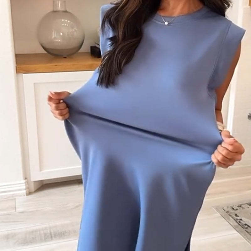 Rundhalsad Löst Delat Midi Klänning med Fickor för Kvinnor