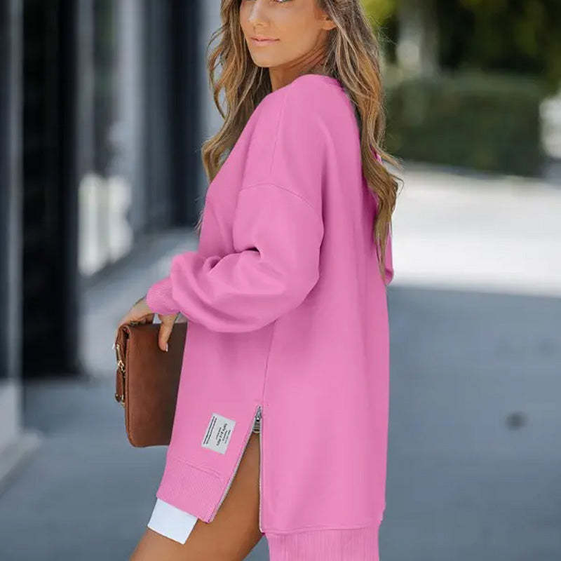 Långärmad tröja med dragkedja och slits, avslappnad sweatshirt