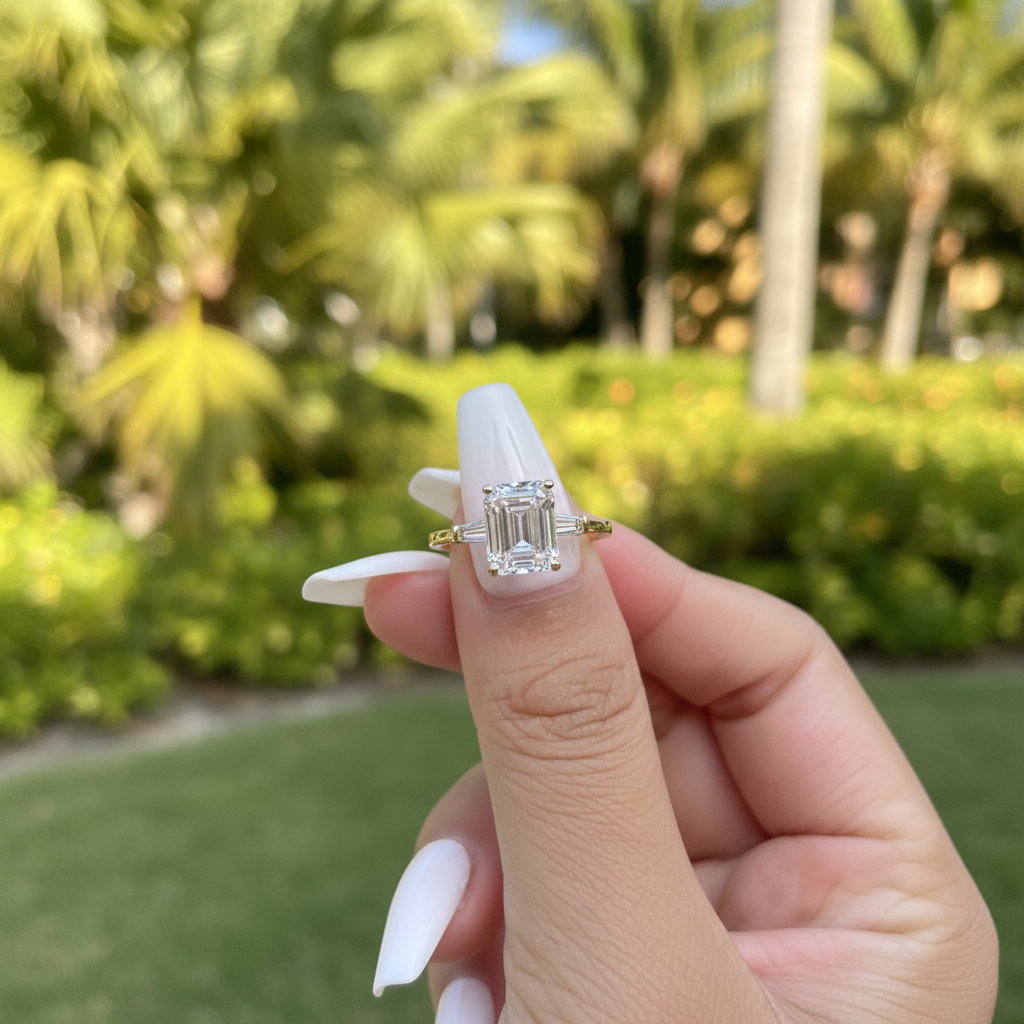 Affordable Gold Three-Stone Emerald Cut Engagement Ring