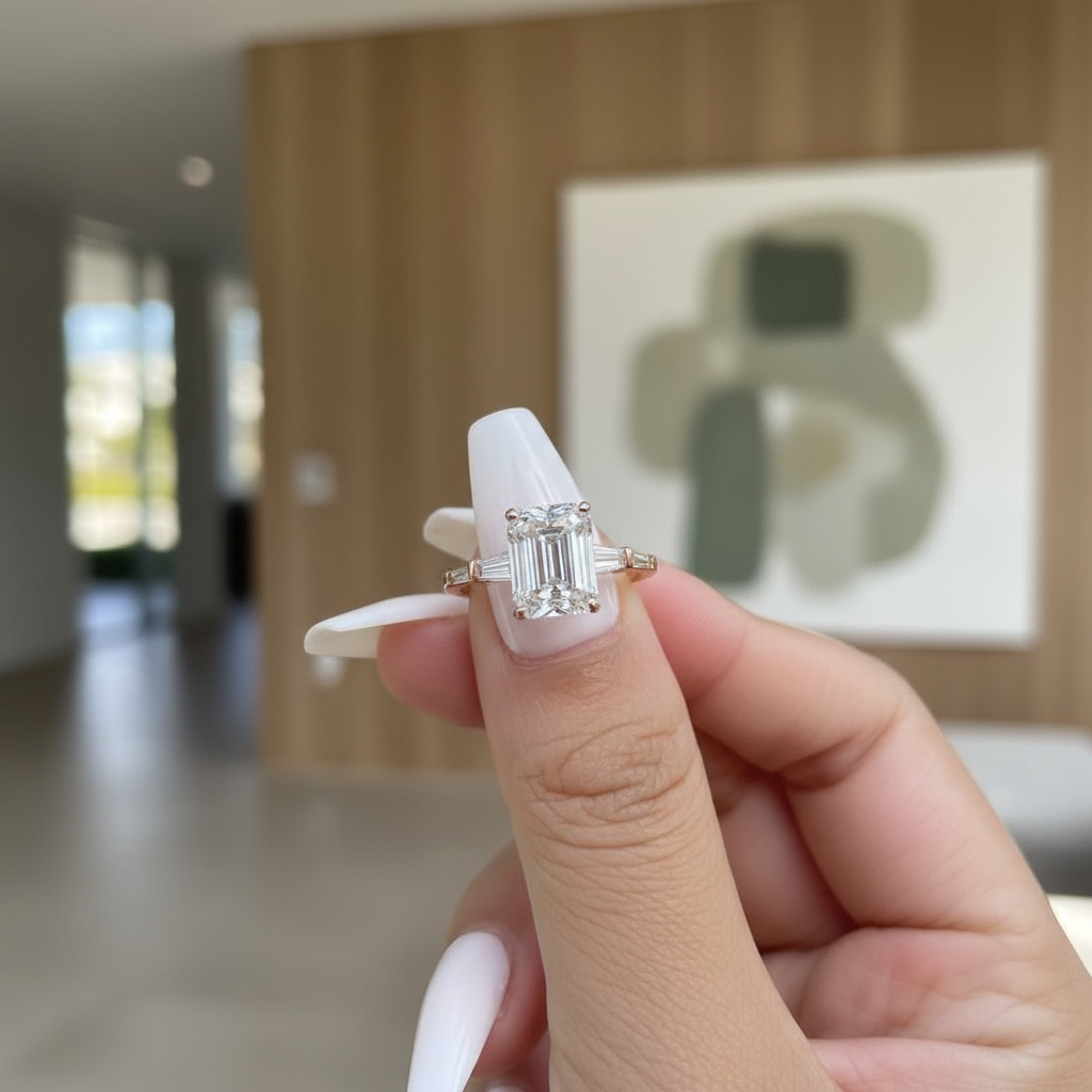 Affordable Rose Gold Three-Stone Emerald Cut Engagement Ring