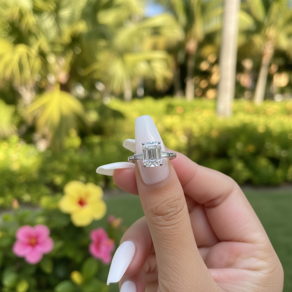 Affordable Silver Three-Stone Emerald Cut Engagement Ring