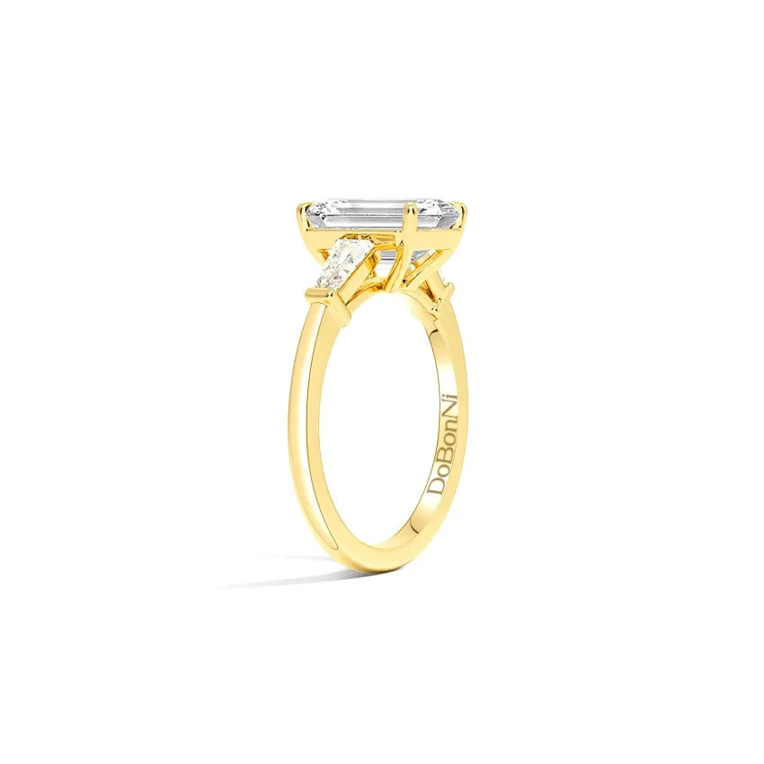 Gold Three Stone Emerald Cut Engagement Ring