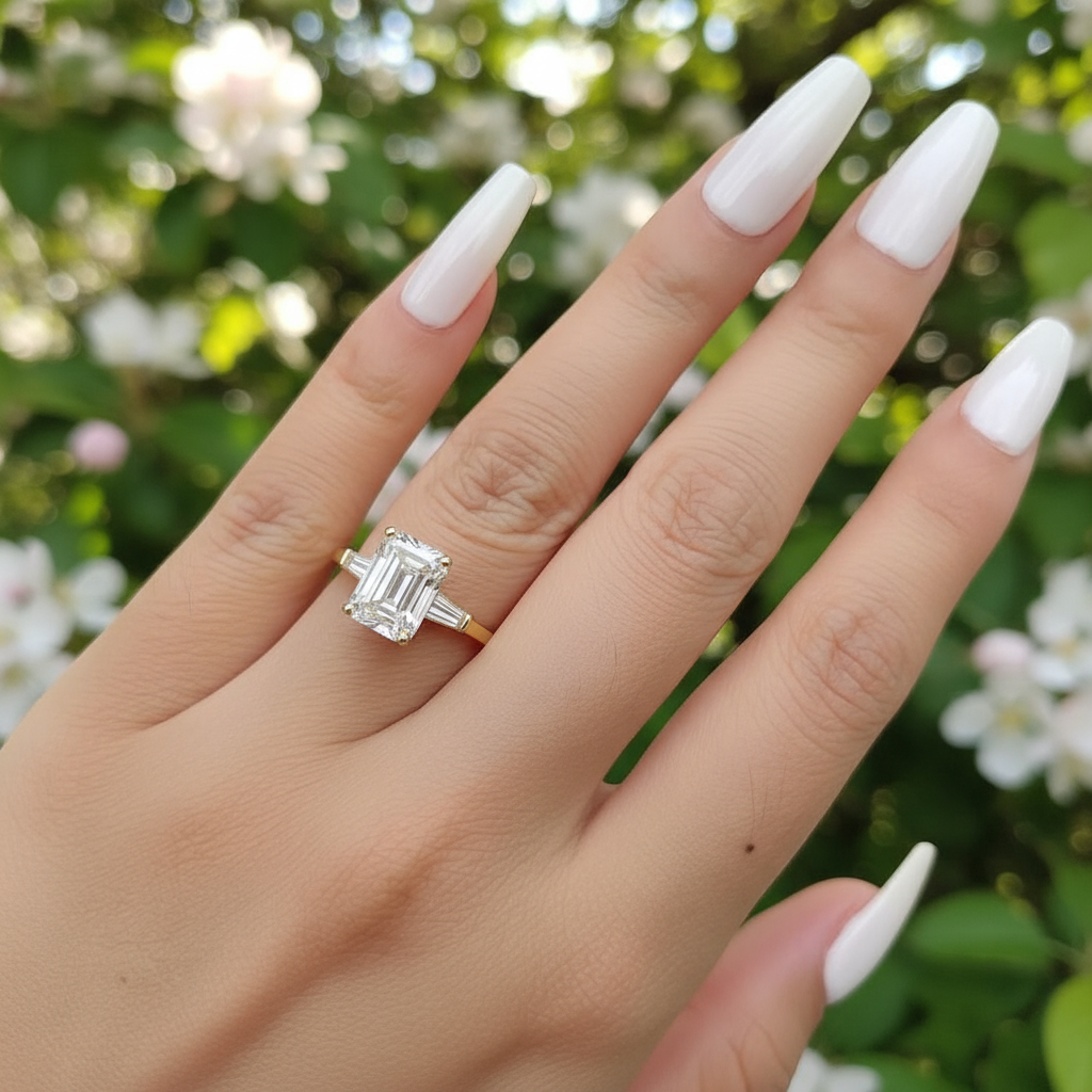Stunning Gold Three-Stone Emerald Cut Engagement Ring