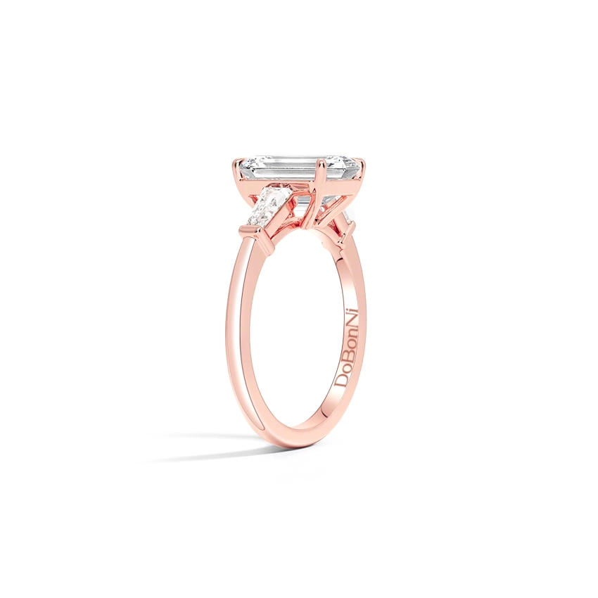 Rose Gold Three Stone Emerald Cut Engagement Ring
