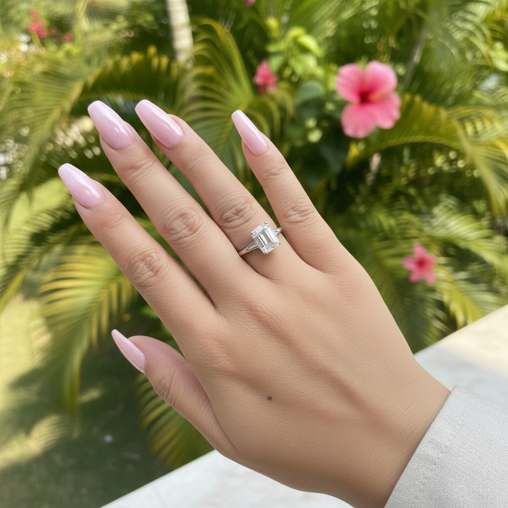 Silver Three-Stone Emerald Cut Engagement Ring