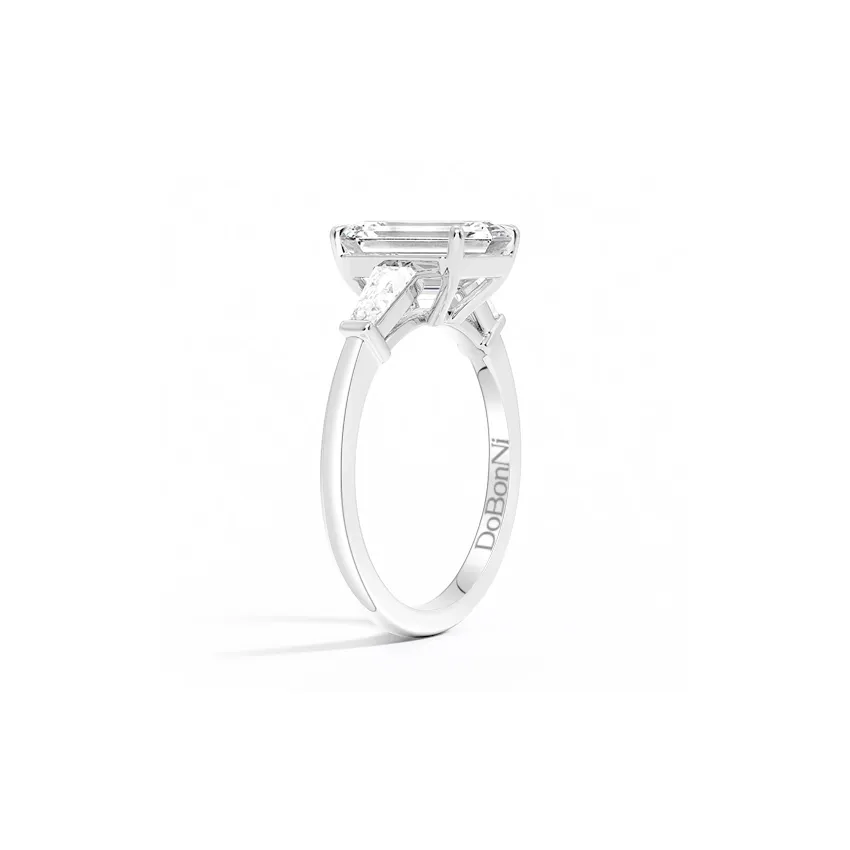 Silver Three Stone Emerald Cut Engagement Ring