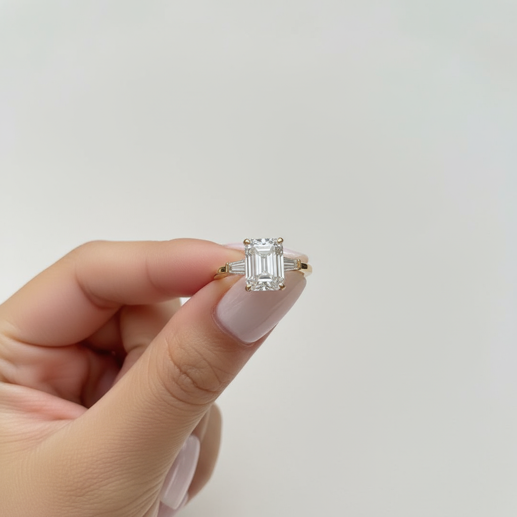 Stunning Gold Three-Stone Emerald Cut Engagement Ring