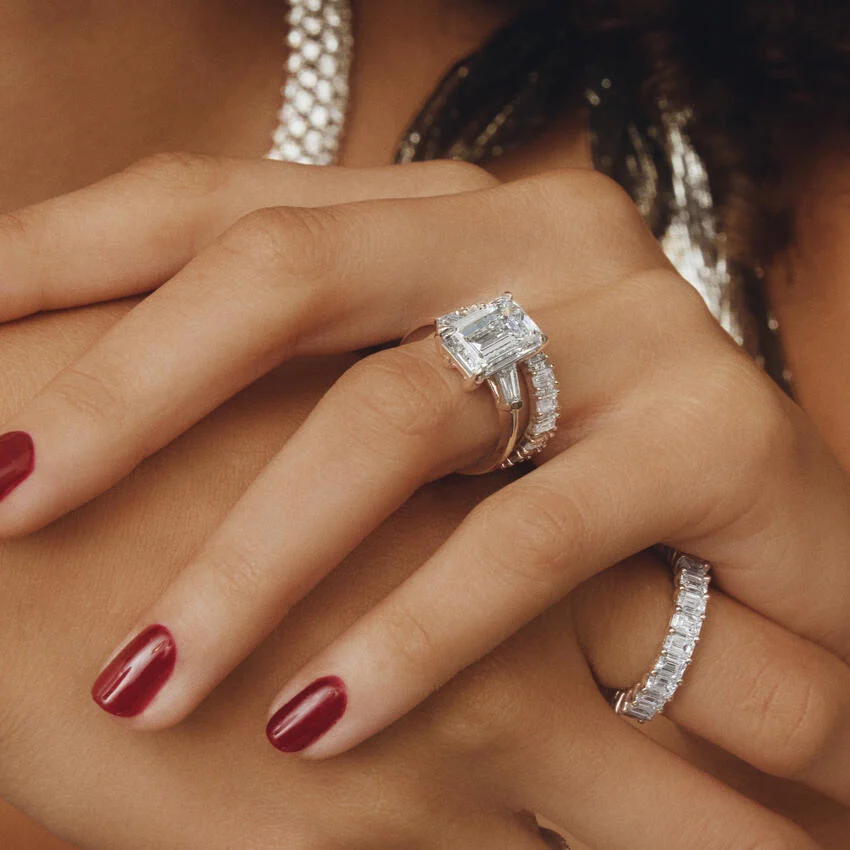 Stunning Silver Three-Stone Emerald Cut Engagement Ring