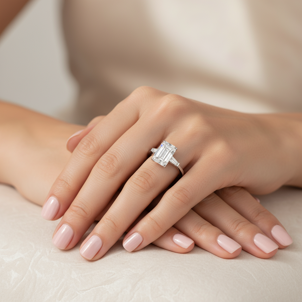 Stunning Silver Three-Stone Emerald Cut Wedding Ring