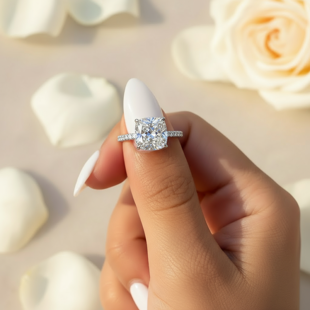 Stunning silver cushion cut engagement ring