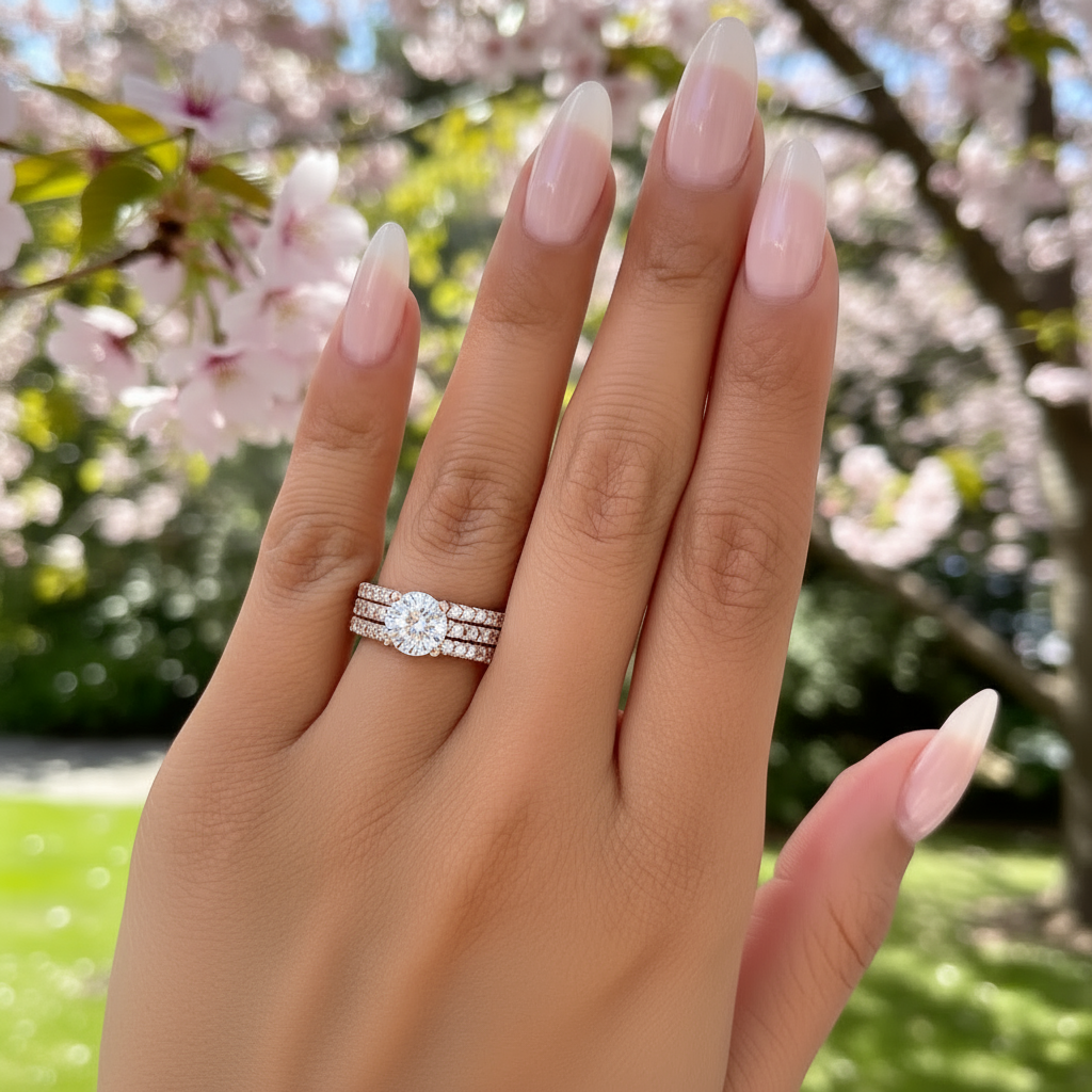 affordable rose gold round cut triple ring stack