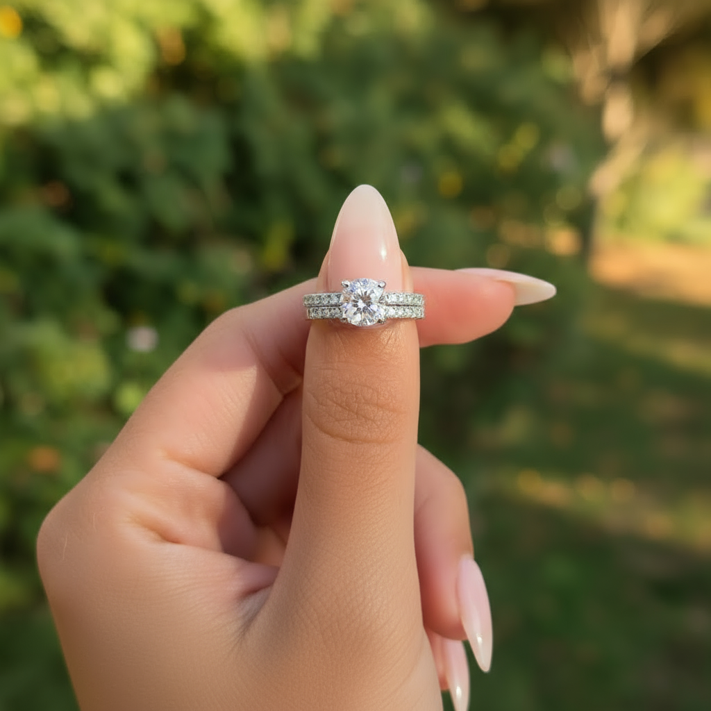 affordable silver round cut wedding ring set